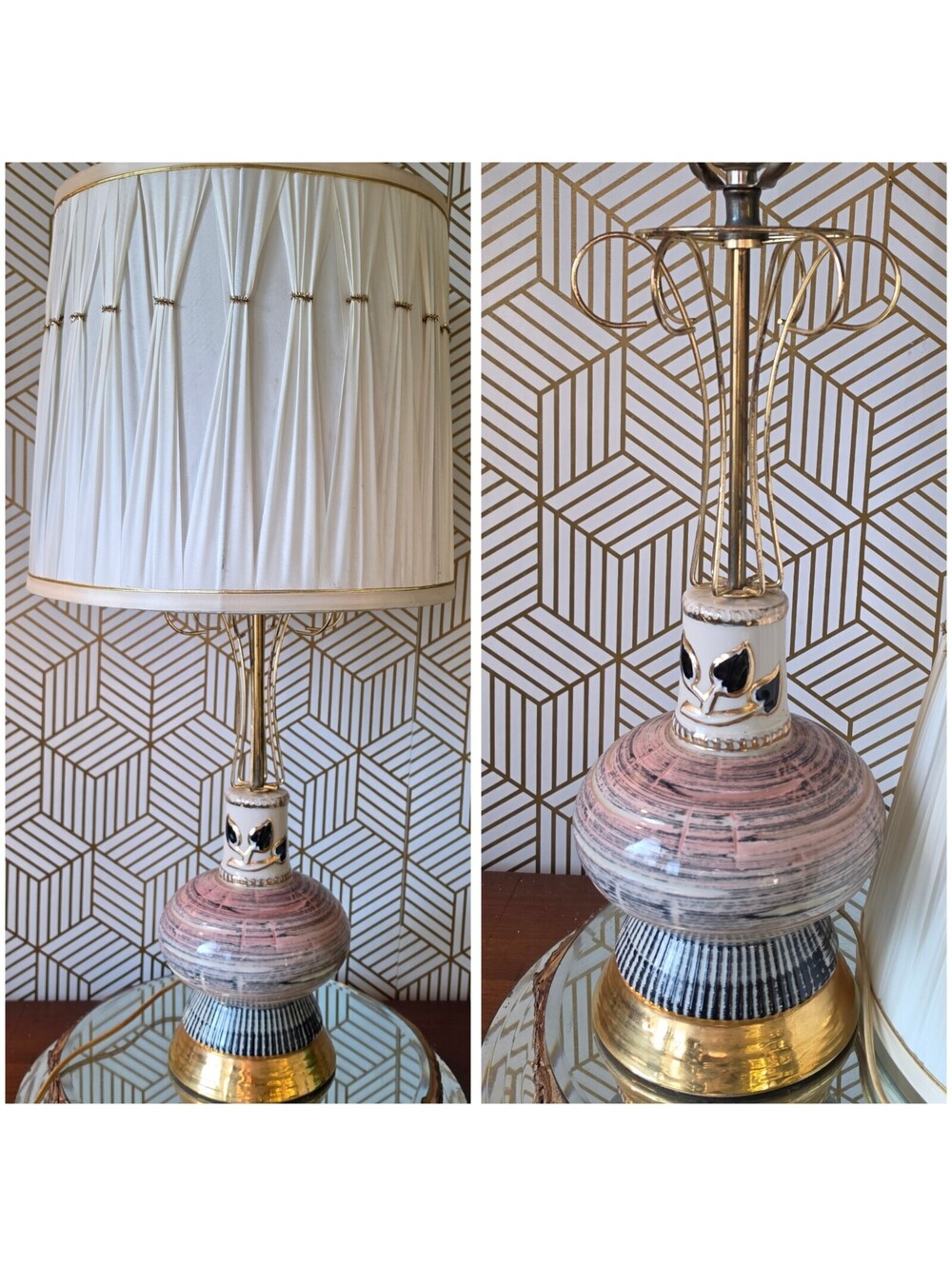 Vintage 1950s Mid Century Ceramic Lamp Pink Black Gold Atomic Wire Cage & Shade